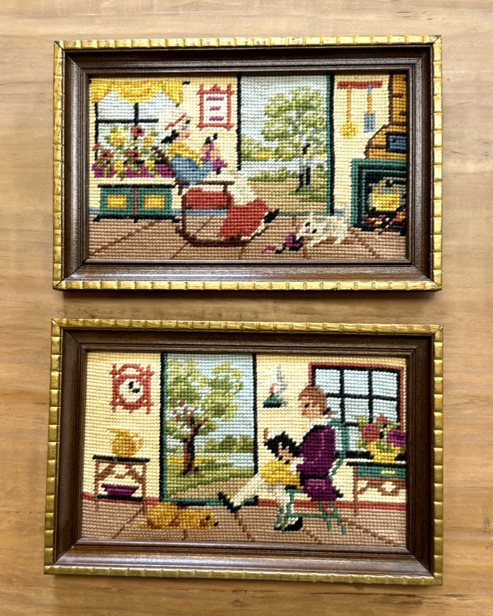 Vintage Needlepoint Wall Hangings Pair Solid Wood Frames Cottagecore Decor